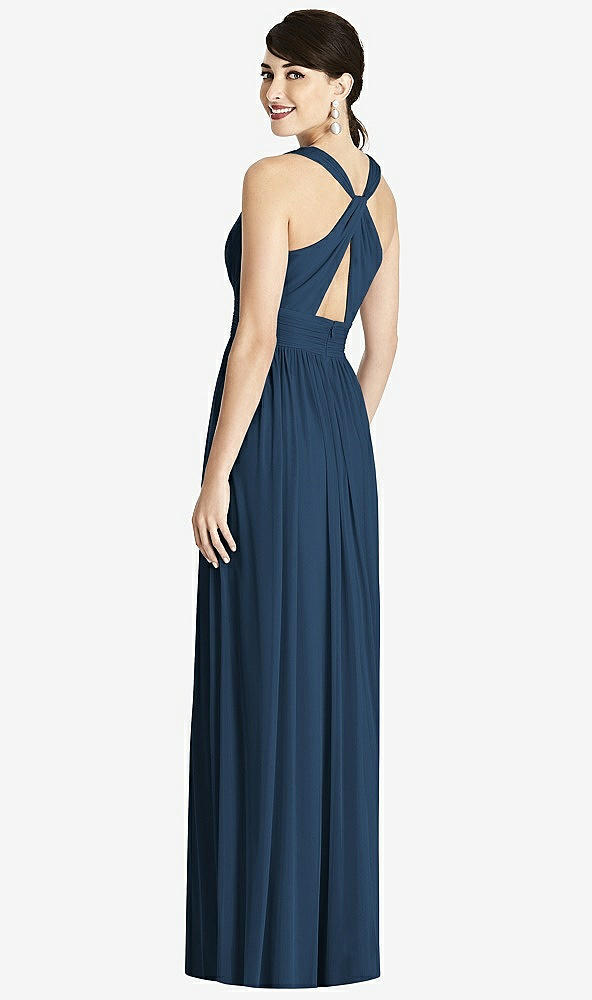 Back View - Sofia Blue Shirred Wrap Bodice Twist Back Maxi Dress
