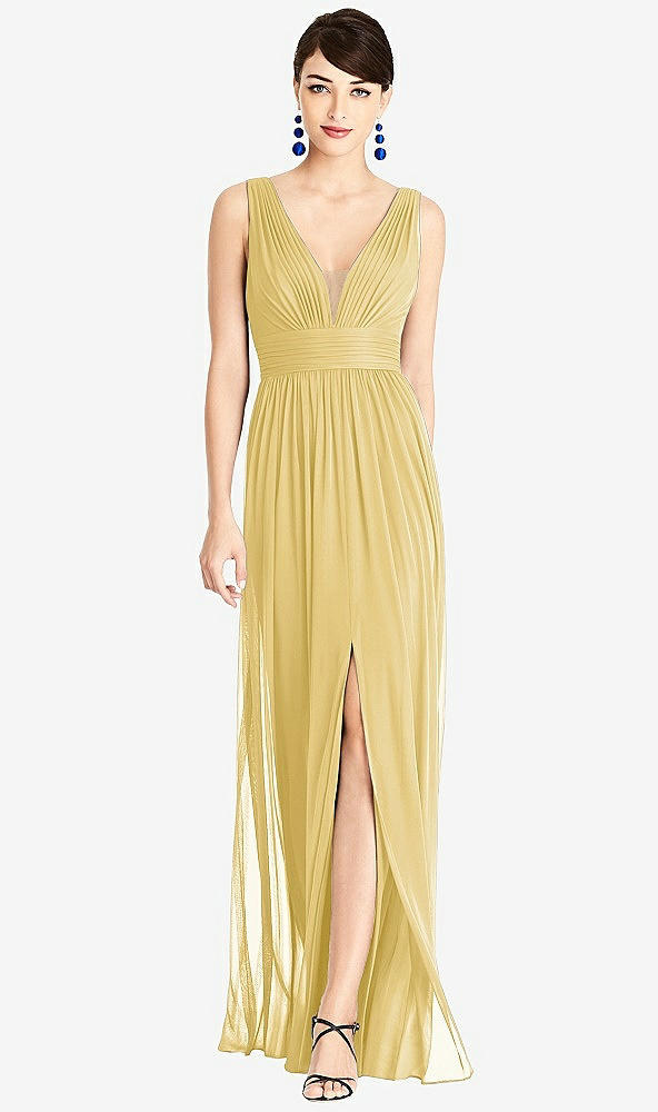 Front View - Maize & Light Nude Illusion Plunge Neck Shirred Maxi Dress