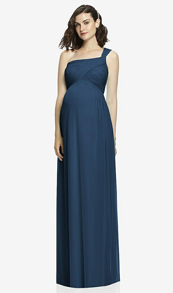 Front View - Sofia Blue One-Shoulder Asymmetrical Draped Wrap Maternity Dress