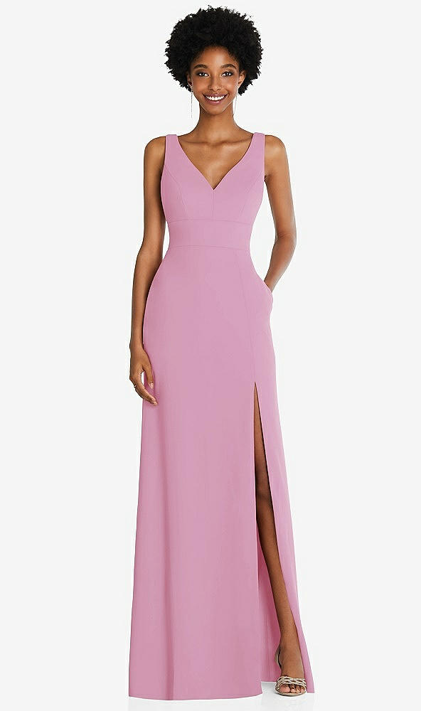 Front View - Powder Pink Square Low-Back A-Line Dress with Front Slit and Pockets
