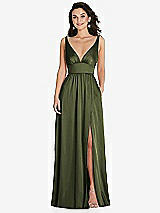 Front View Thumbnail - Olive Green Deep V-Neck Shirred Skirt Maxi Dress with Convertible Straps