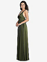 Side View Thumbnail - Olive Green Deep V-Neck Shirred Skirt Maxi Dress with Convertible Straps