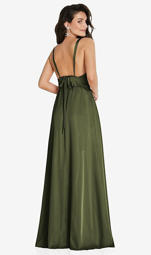 Back View - Olive Green Deep V-Neck Shirred Skirt Maxi Dress with Convertible Straps