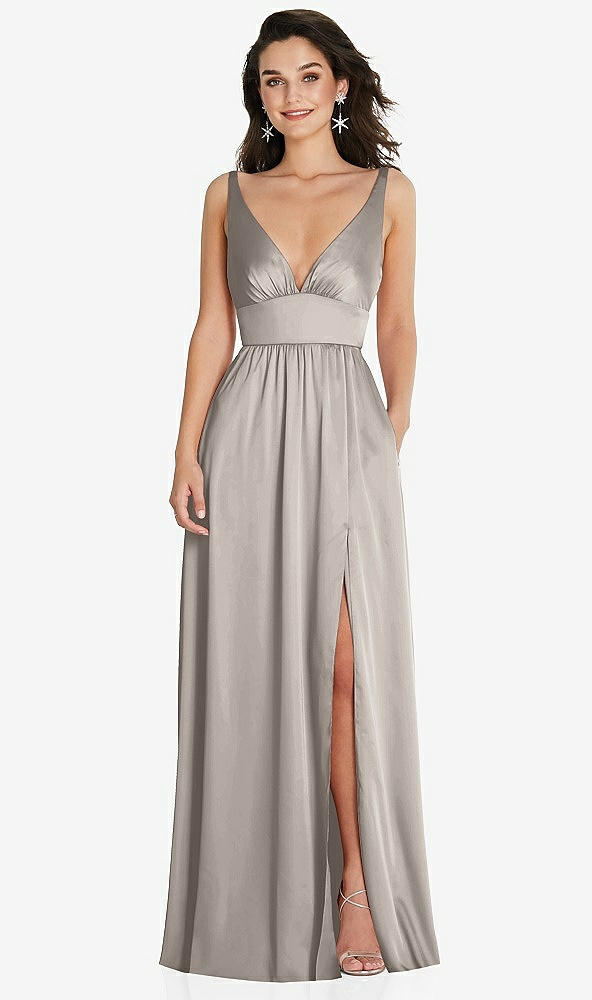 Front View - Taupe Deep V-Neck Shirred Skirt Maxi Dress with Convertible Straps