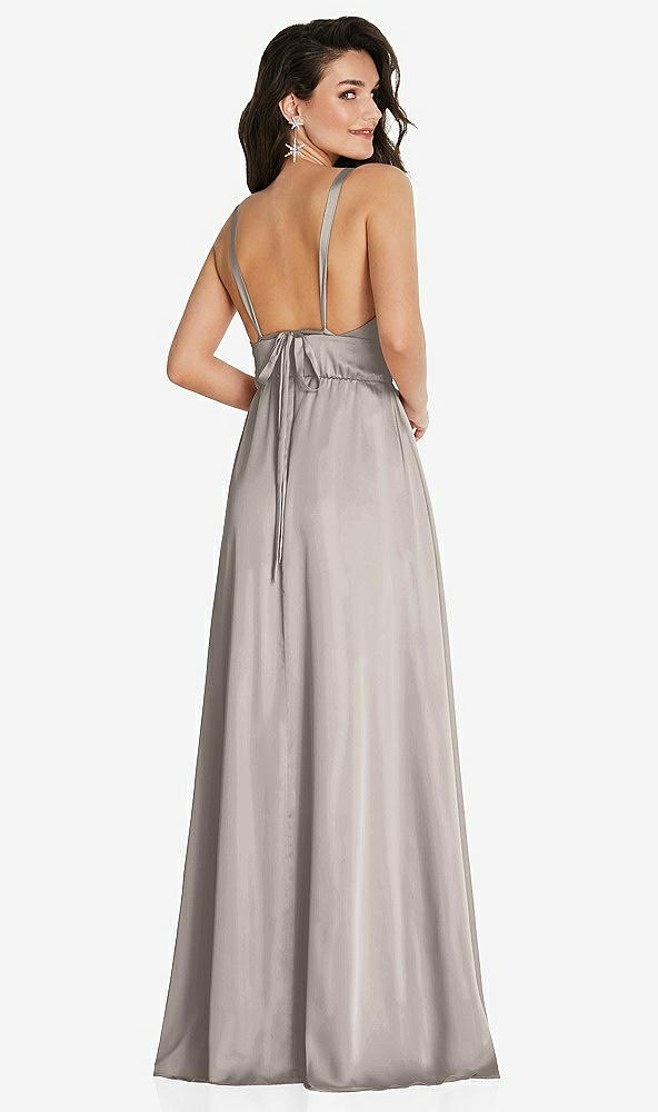 Back View - Taupe Deep V-Neck Shirred Skirt Maxi Dress with Convertible Straps