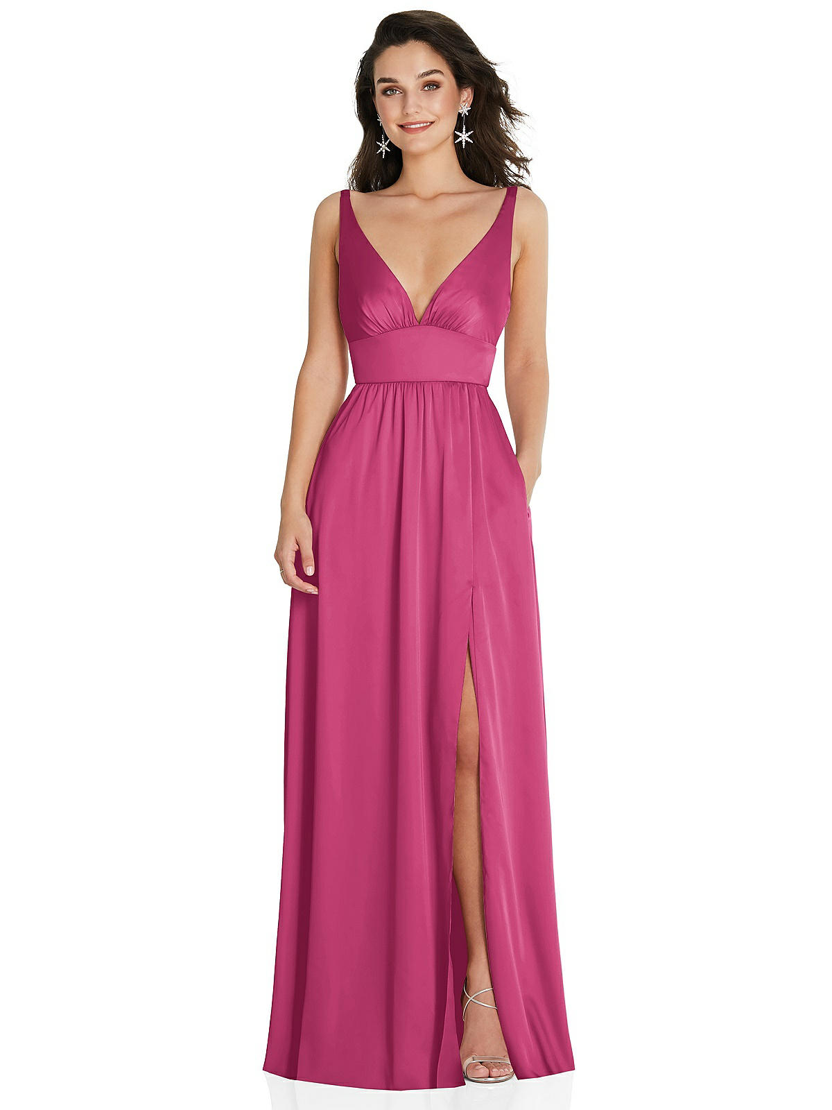 Deep V-neck Shirred Skirt Maxi Bridesmaid Dress With Convertible