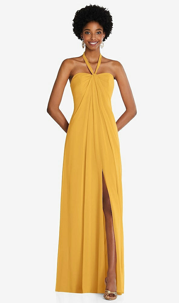 Front View - NYC Yellow Draped Chiffon Grecian Column Gown with Convertible Straps