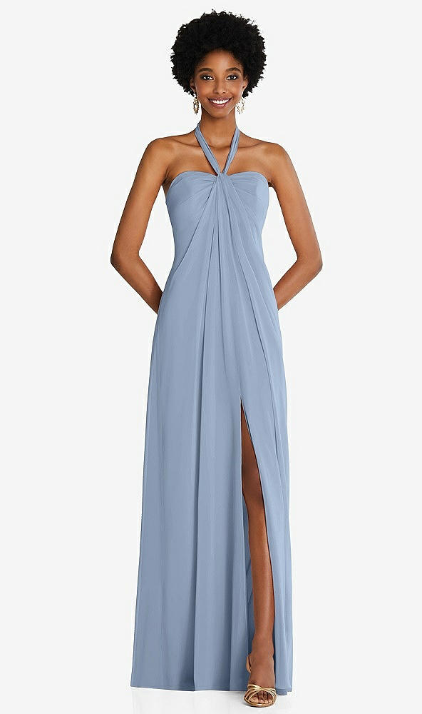 Front View - Cloudy Draped Chiffon Grecian Column Gown with Convertible Straps