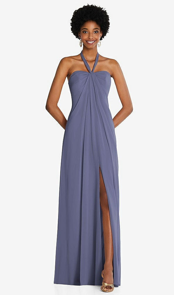 Front View - French Blue Draped Chiffon Grecian Column Gown with Convertible Straps