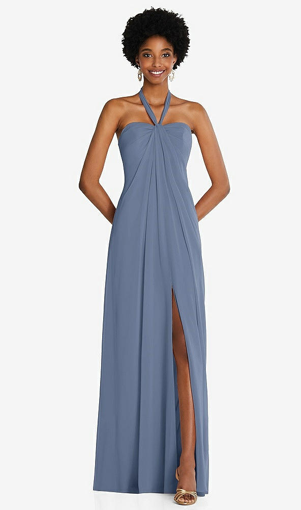 Front View - Larkspur Blue Draped Chiffon Grecian Column Gown with Convertible Straps