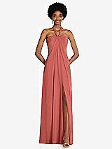 Front View Thumbnail - Coral Pink Draped Chiffon Grecian Column Gown with Convertible Straps