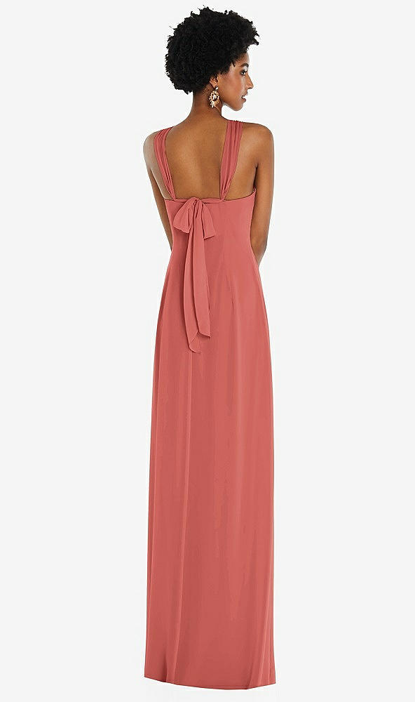 Back View - Coral Pink Draped Chiffon Grecian Column Gown with Convertible Straps