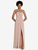 Front View Thumbnail - Toasted Sugar Draped Chiffon Grecian Column Gown with Convertible Straps