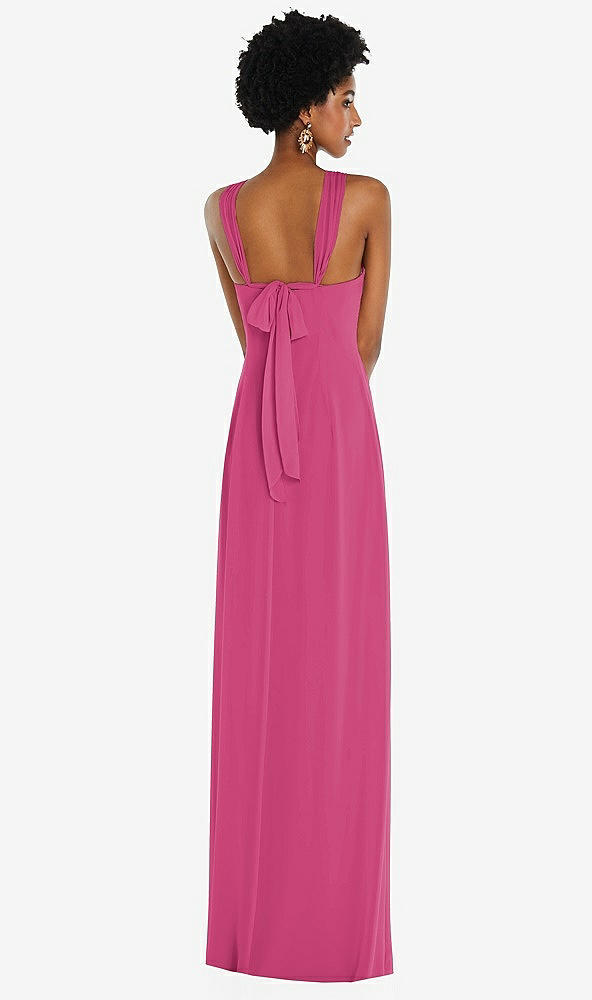 Back View - Tea Rose Draped Chiffon Grecian Column Gown with Convertible Straps