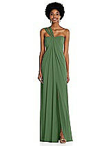 Alt View 1 Thumbnail - Vineyard Green Draped Chiffon Grecian Column Gown with Convertible Straps