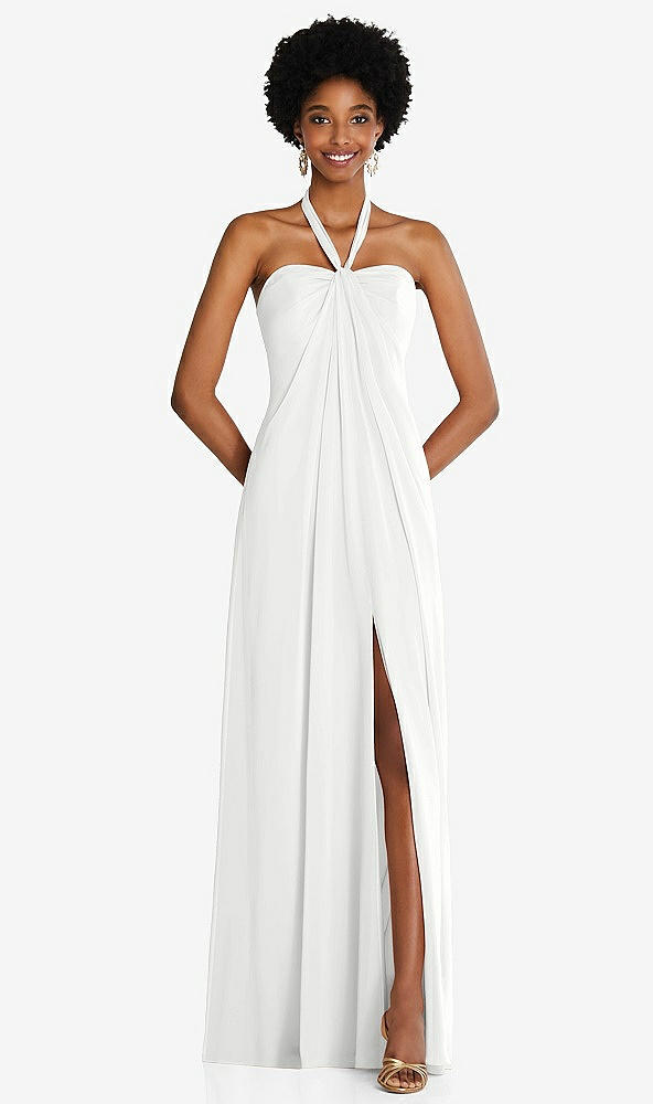 Front View - White Draped Chiffon Grecian Column Gown with Convertible Straps