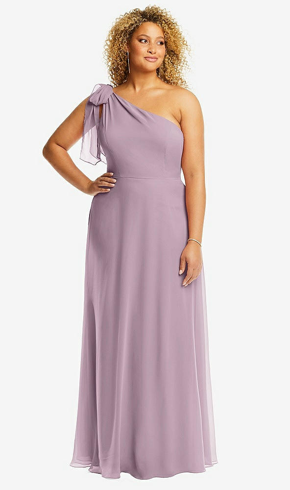 Front View - Suede Rose Draped One-Shoulder Maxi Dress with Scarf Bow