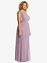 Side View Thumbnail - Suede Rose Draped One-Shoulder Maxi Dress with Scarf Bow