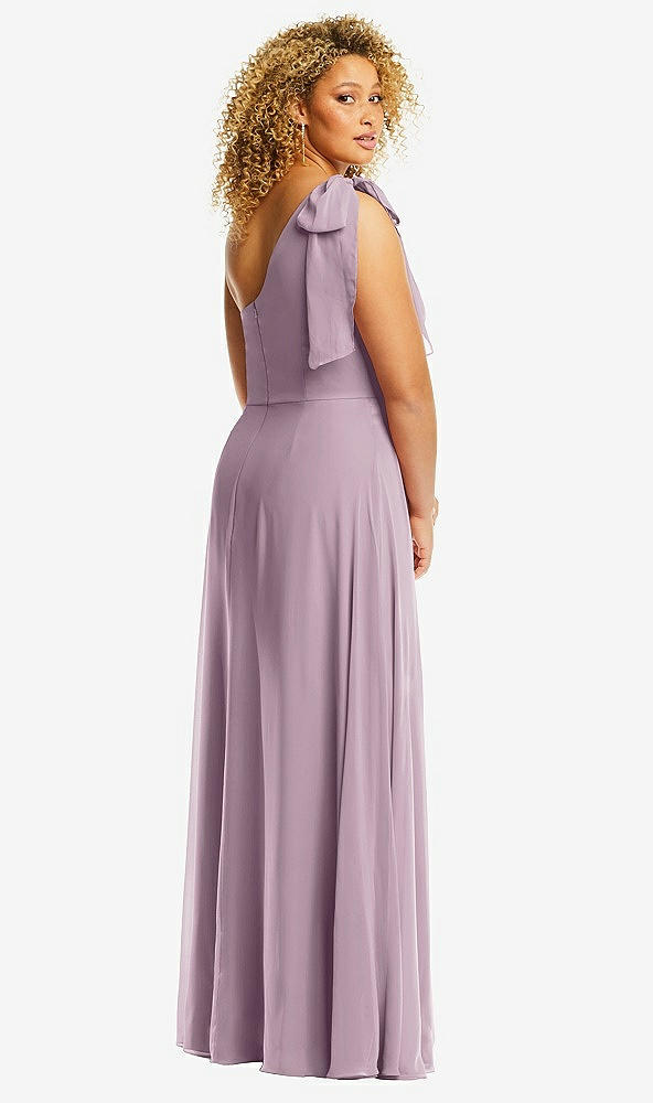 Back View - Suede Rose Draped One-Shoulder Maxi Dress with Scarf Bow