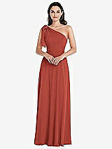 Alt View 1 Thumbnail - Amber Sunset Draped One-Shoulder Maxi Dress with Scarf Bow