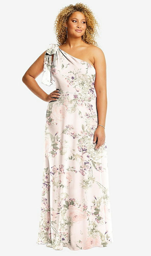 Front View - Blush Garden Draped One-Shoulder Maxi Dress with Scarf Bow