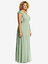 Side View Thumbnail - Celadon Draped One-Shoulder Maxi Dress with Scarf Bow