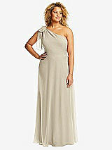 Front View Thumbnail - Champagne Draped One-Shoulder Maxi Dress with Scarf Bow