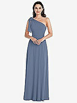 Alt View 1 Thumbnail - Larkspur Blue Draped One-Shoulder Maxi Dress with Scarf Bow
