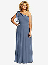 Front View Thumbnail - Larkspur Blue Draped One-Shoulder Maxi Dress with Scarf Bow