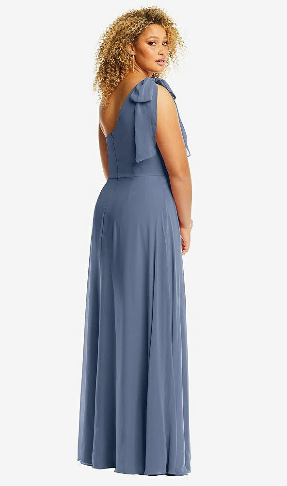 Back View - Larkspur Blue Draped One-Shoulder Maxi Dress with Scarf Bow
