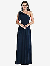 Alt View 1 Thumbnail - Midnight Navy Draped One-Shoulder Maxi Dress with Scarf Bow