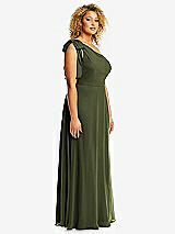 Side View Thumbnail - Olive Green Draped One-Shoulder Maxi Dress with Scarf Bow
