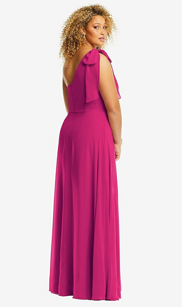 Back View - Think Pink Draped One-Shoulder Maxi Dress with Scarf Bow