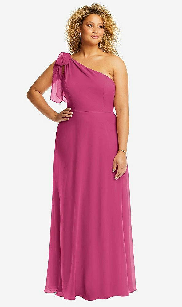Front View - Tea Rose Draped One-Shoulder Maxi Dress with Scarf Bow