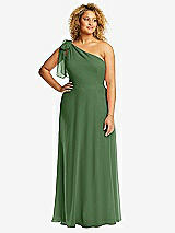 Front View Thumbnail - Vineyard Green Draped One-Shoulder Maxi Dress with Scarf Bow