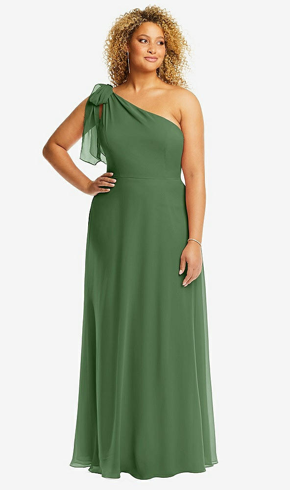 Front View - Vineyard Green Draped One-Shoulder Maxi Dress with Scarf Bow