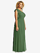 Side View Thumbnail - Vineyard Green Draped One-Shoulder Maxi Dress with Scarf Bow