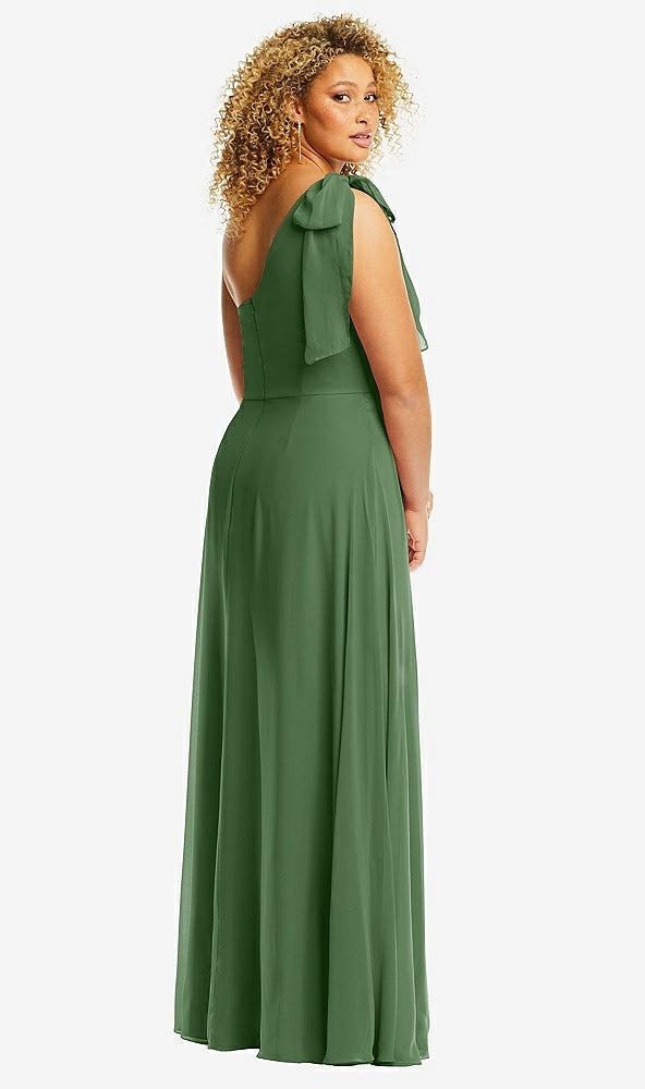 Back View - Vineyard Green Draped One-Shoulder Maxi Dress with Scarf Bow