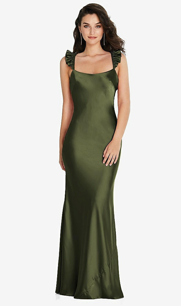 Back View - Olive Green Ruffle Trimmed Open-Back Maxi Slip Dress