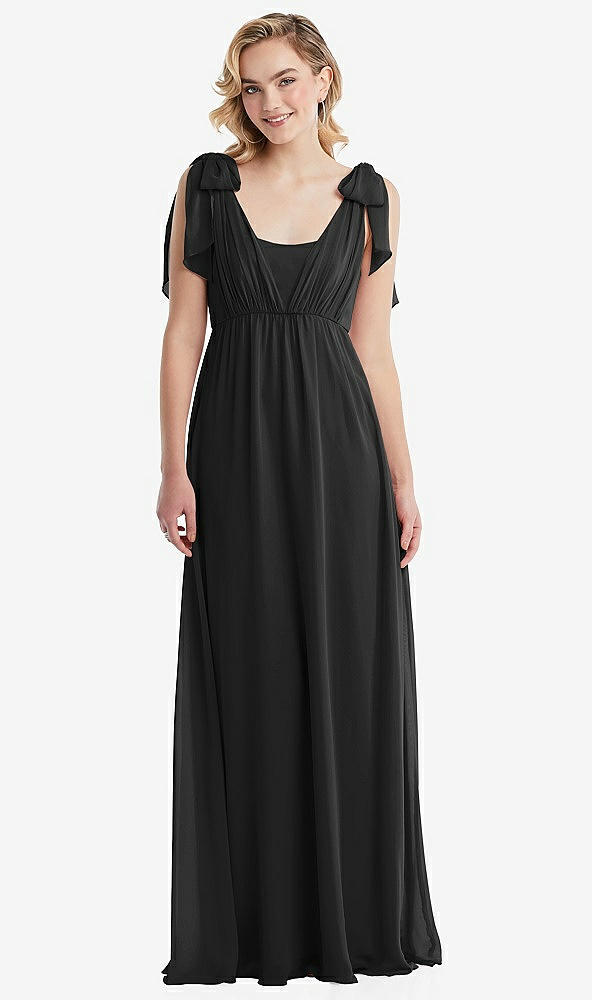 Front View - Black Empire Waist Shirred Skirt Convertible Sash Tie Maxi Dress