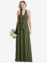 Alt View 1 Thumbnail - Olive Green Empire Waist Shirred Skirt Convertible Sash Tie Maxi Dress