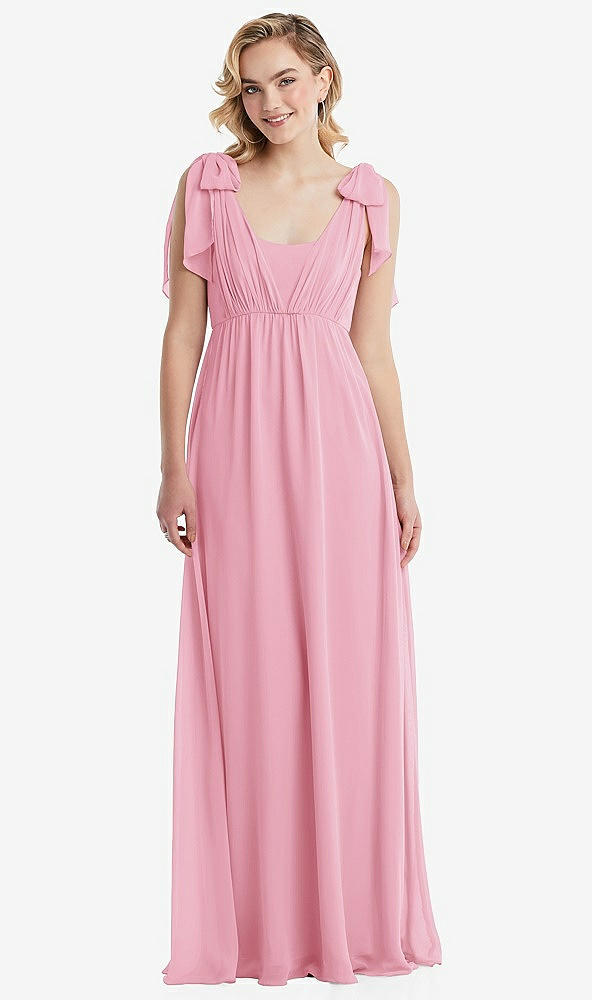 Front View - Peony Pink Empire Waist Shirred Skirt Convertible Sash Tie Maxi Dress