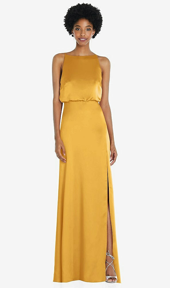 Back View - NYC Yellow High-Neck Low Tie-Back Maxi Dress with Adjustable Straps