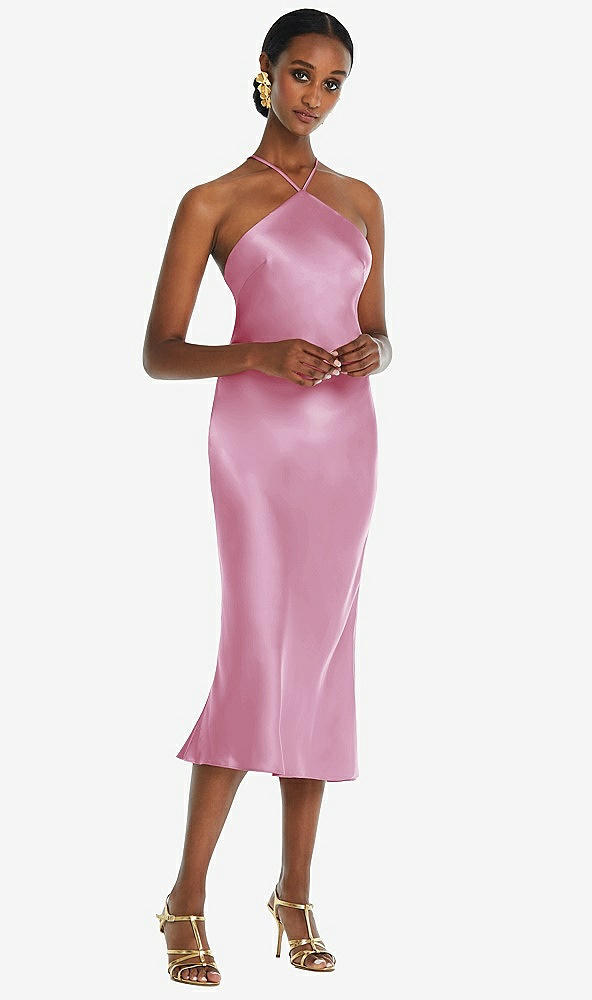 Front View - Powder Pink Diamond Halter Bias Midi Slip Dress with Convertible Straps