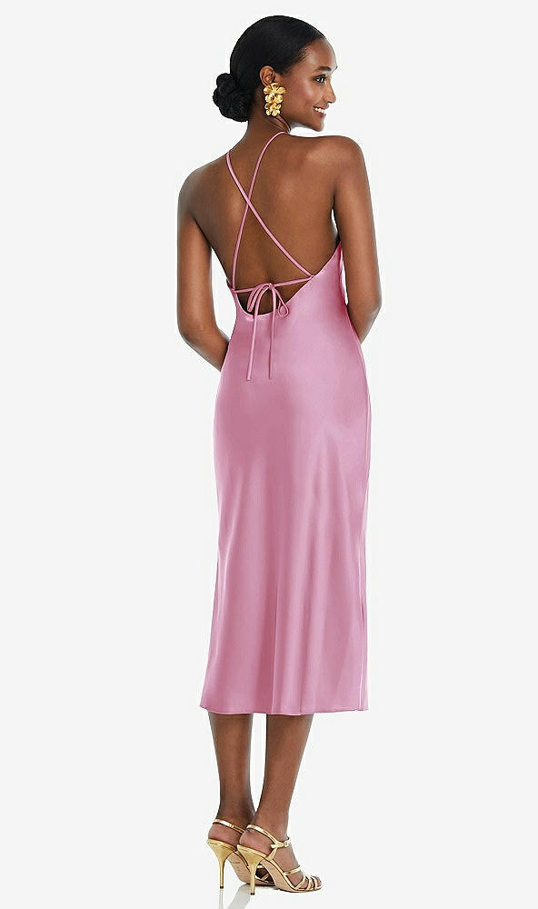 Back View - Powder Pink Diamond Halter Bias Midi Slip Dress with Convertible Straps