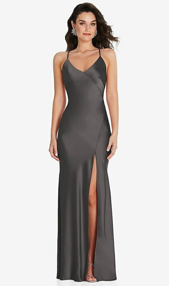 Front View - Caviar Gray V-Neck Convertible Strap Bias Slip Dress with Front Slit