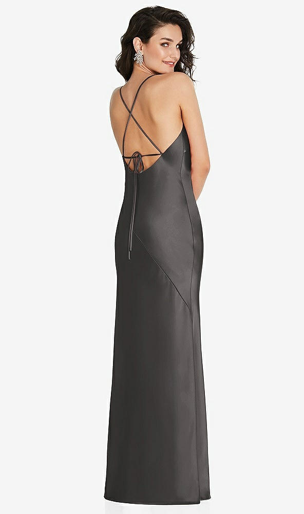 Back View - Caviar Gray V-Neck Convertible Strap Bias Slip Dress with Front Slit