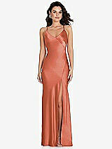 Front View Thumbnail - Terracotta Copper V-Neck Convertible Strap Bias Slip Dress with Front Slit