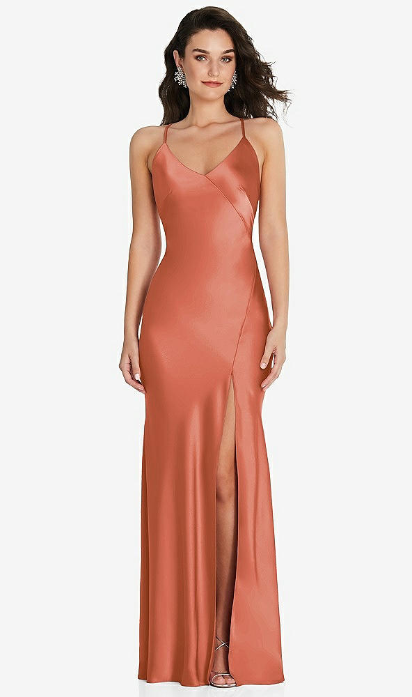 Front View - Terracotta Copper V-Neck Convertible Strap Bias Slip Dress with Front Slit