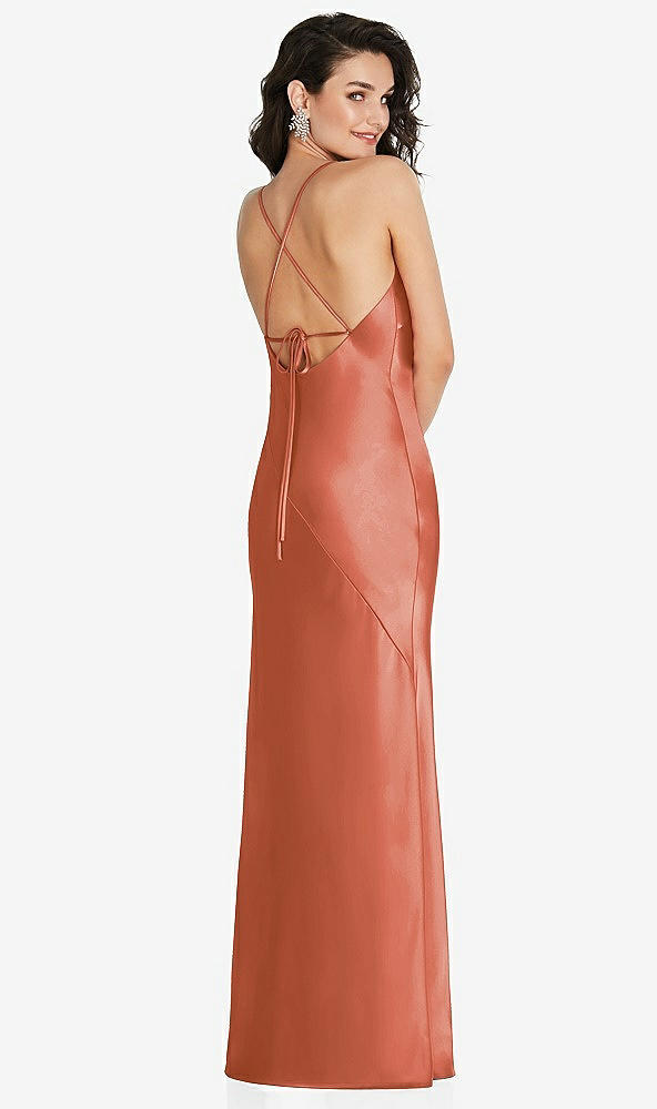 Back View - Terracotta Copper V-Neck Convertible Strap Bias Slip Dress with Front Slit